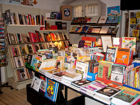 Inside of the comic and book store Modern Graphics in Berlin, Kreuzberg