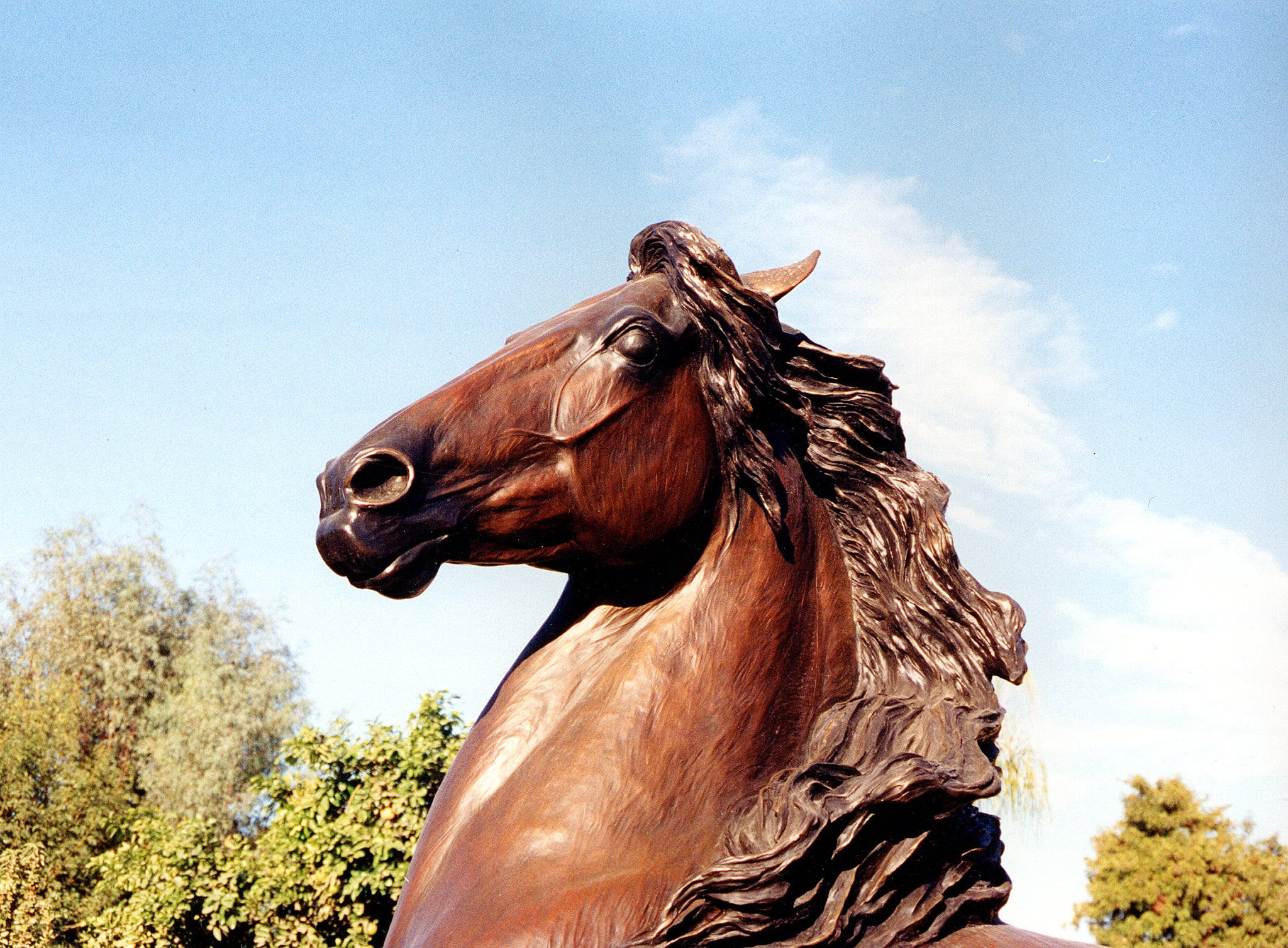 close up head of spirit bronze statue rancho mirage