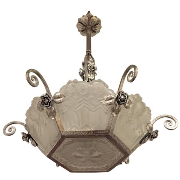 French Art Deco Nickel over Wrought Iron Floral Chandelier