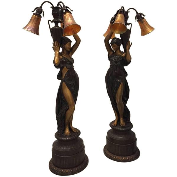 Two French Bronze Ladies Torchere Lamps