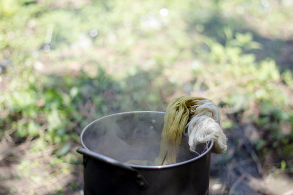 Fabric draped over side of pot demonstrating how the dye works with one half yellow and one half the original white, sustainable fashion, eco fashion, fashion brands using natural ingredients, organic dye