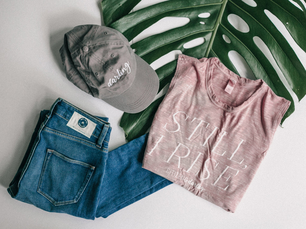 Mud jeans and cap with 'Darling' embroidered on green frond on white surface, Mud Jeans, ethical jean line from MUD, fashion brands with ethical lines, best ethical fashion brands, ethical fashion bloggers