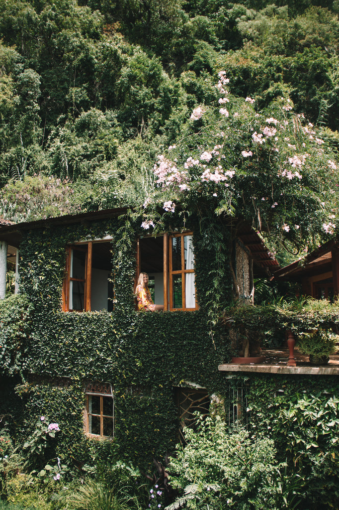 Hiptipico founder Alyssa looks out window at Lush Atitlan with a verdant ecowall exploding around her, lush eco resorts, top eco resorts, must see hotels, bohemian hotels and resorts to visit, green hotels