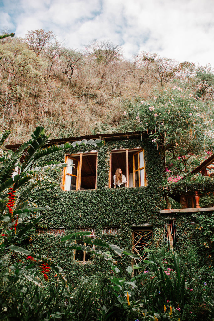 She Is Not Lost blogger Carina Otero looks out window at Lush Atitlan with a verdant ecowall exploding around her, lush eco resorts, top eco resorts, must see hotels, bohemian hotels and resorts to visit, green hotels