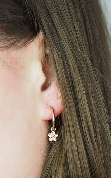 rose gold blossom flower dangle hoop earrings