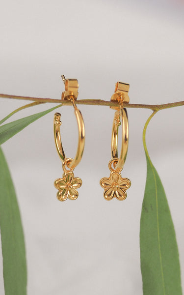 yellow gold blossom flower dangle hoop earrings