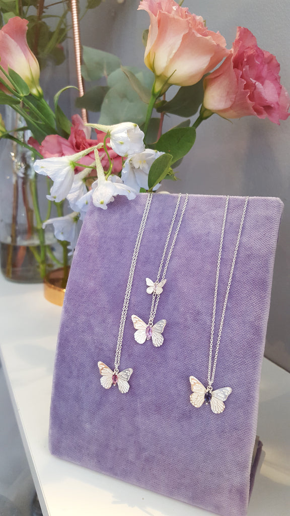 Rachel Whitehead Jewellery IJL View of Buterfly necklace collection