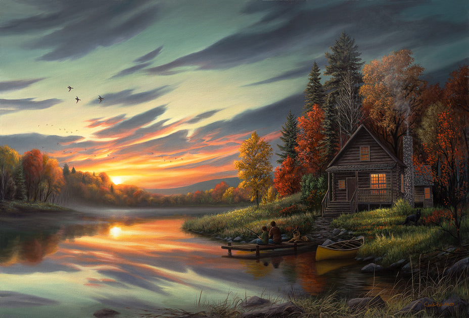 "Lakeside Memories" 24x36 Cabin Sunset Painting – Wildlife and Art