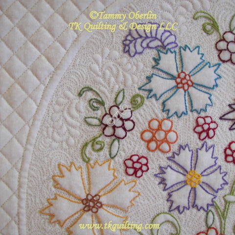 Detail-Marian's Floral Bouquet - Hand embroidered by Robbie Decker, Machine quilted by Tammy Oberlin