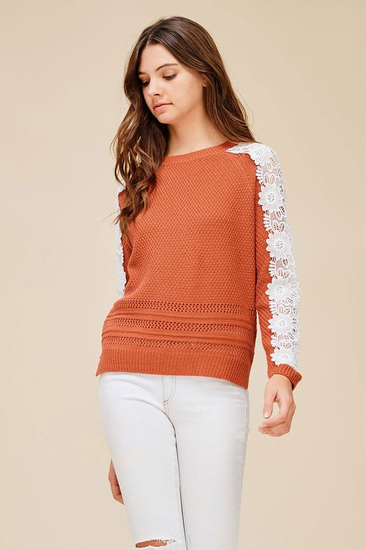 Brick Crochet Sweater with Lace Sleeves