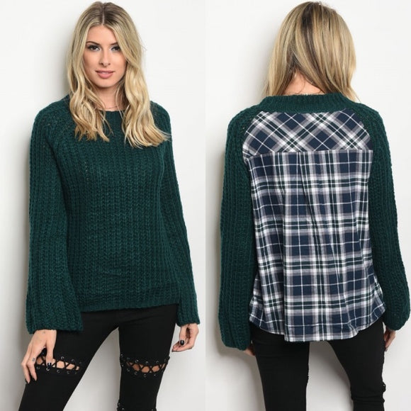 Chunky Knit Sweater with Plaid Back