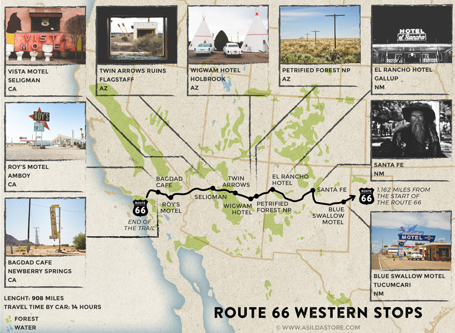 Route 66 Attractions. 9 Western Stops Map