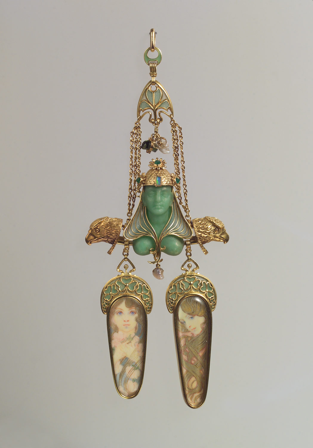 Gold, enamel, and mother-of-pearl pendant with Opal, Emerald, and coloured stones 