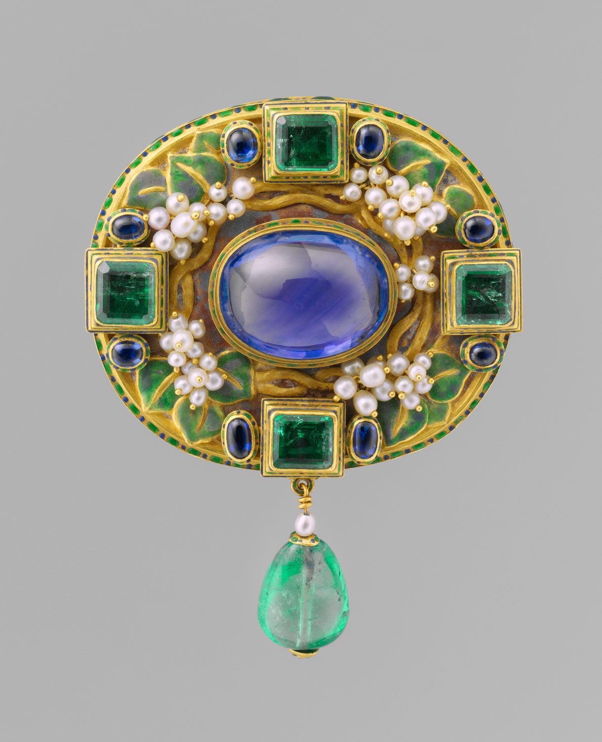 Gold enamelled pin with Sapphire, Pearls, and Emeralds 