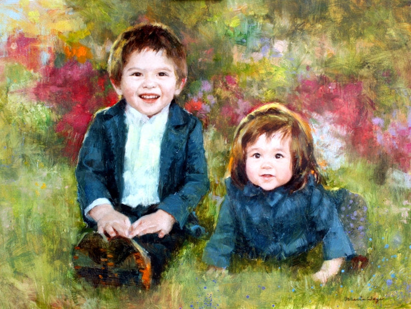 maria waye custom portrait big brother little sister baby at the garden, a beautiful day, joyful gift, special love oil painting perfect lovely