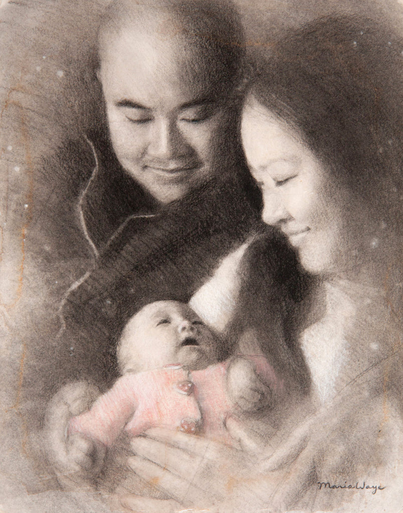 Portrait-from-photo-baby-family-by-artist-Maria-Waye-artist-drawing-custom-portrait-art-Toronto-Canada-pencil-charcoal-carbon-black-and-white