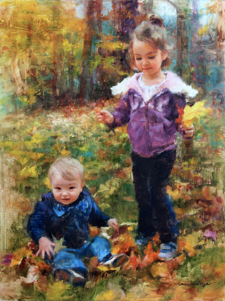 Maria Waye Art that lets you Live freely and lightly oil painting florals original fine art. Original custom portrait, children playing with autumn leaves, joyful happy artwork for siblings, on a crisp fall day, big sister and little brother portrait.