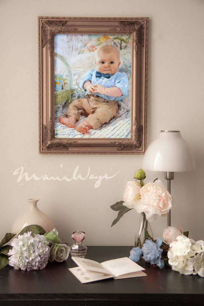 Custom oil portrait Toronto Canadian artist Maria Waye realistic baby portrait from your photos online order special occasions birthdays toddlers kids pastel colors fine art modern decor