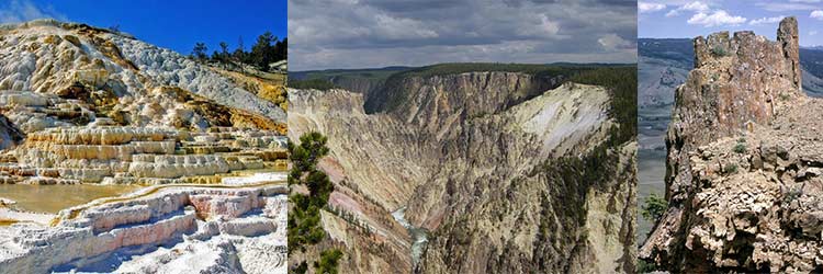 Mammoth Hot Springs (left), Grand Canyon of Yellowstone (center), Petrified Forest (right)