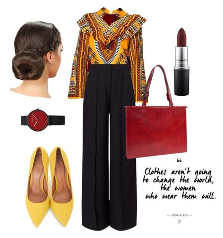 Yellow dashiki Victoria Top from A Leap of Style styled for work with high waist pants, pumps, red lips, red wine tote bag