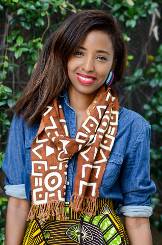 Mud cloth scarf paired with african print midi skirt from A Leap of Style 