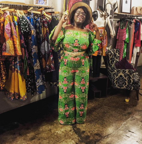Designer Karissa Lindsay of A Leap of Style wearing the African Print off the shoulder Jumpsuit