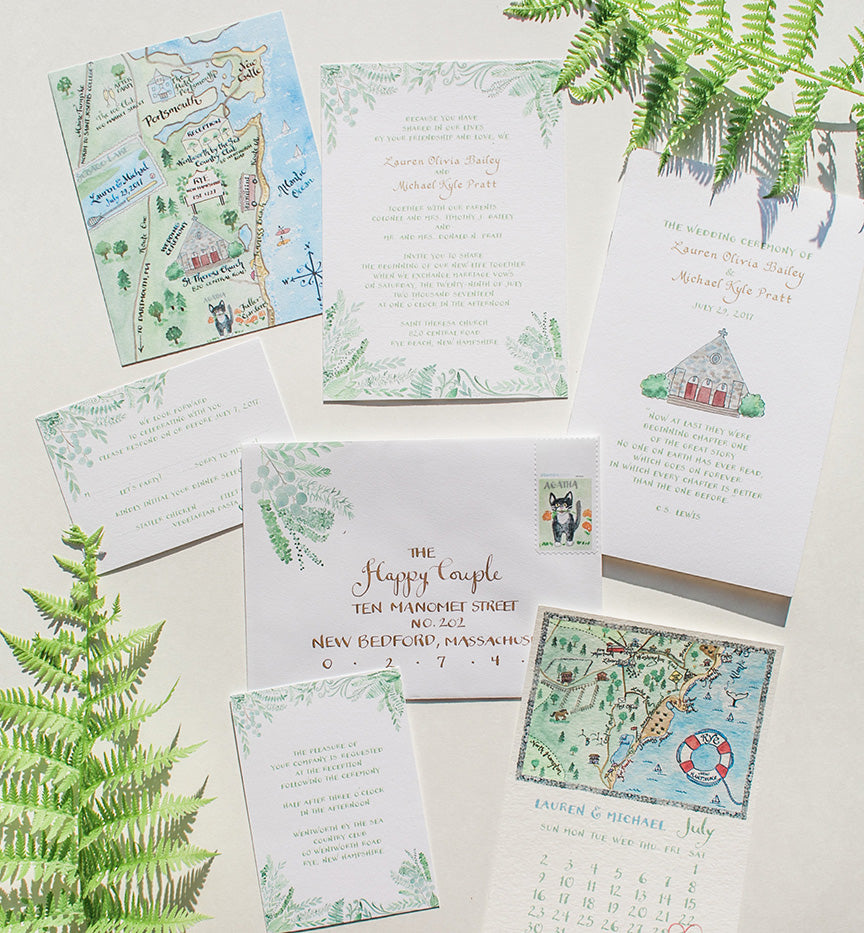 Greenery wedding invitation with custom map