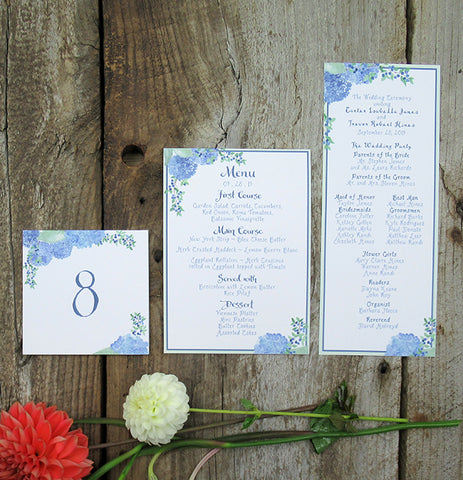 hydrangea Wedding reception paper products