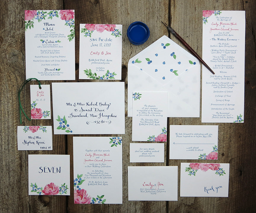 Peony Blueberry wedding invitation suite