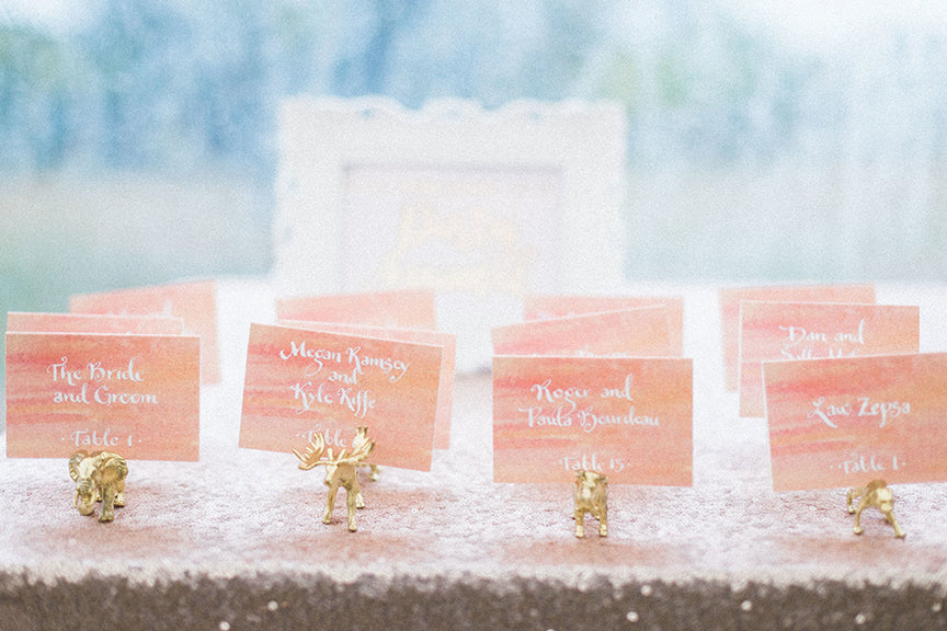watercolor escort cards white calligraphy