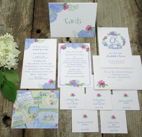 Hydrangea and beach rose wedding invitation suite