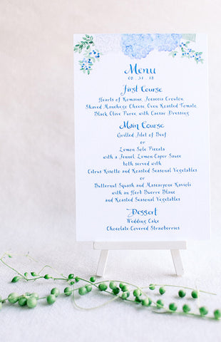 wedding menu with hydrangeas