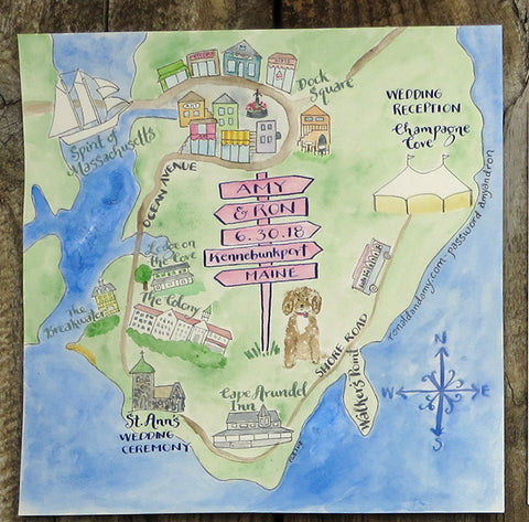custom watercolor map Kennebunkport