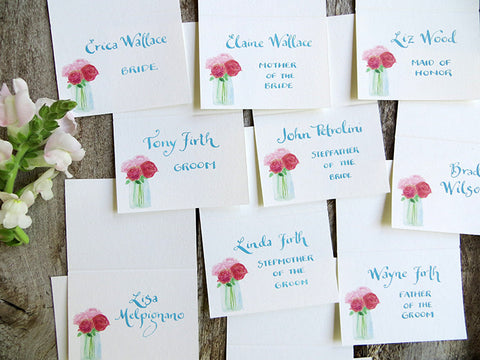 family place cards with roses