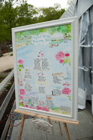 hand painted seating chart with flowers