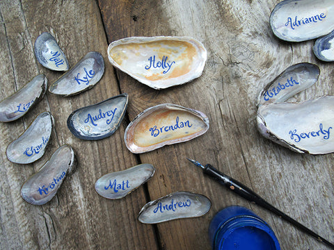 calligraphy on mussel shells