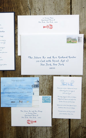 envelope with custom beach roses stamp