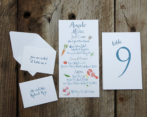 Menu, table number, and escort cards