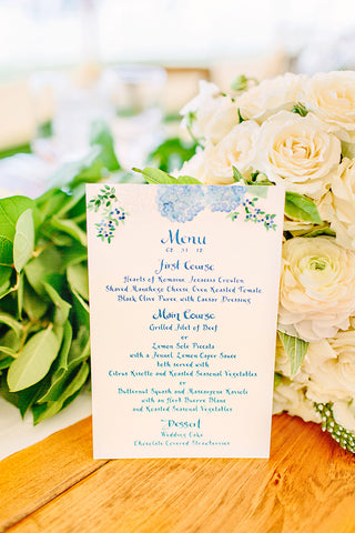 blue hydrangea wedding menu