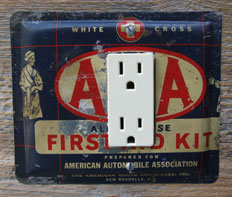 Custom AAA First Aid tin GFCI cover made from a tin provided.