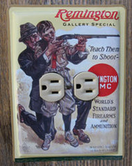 Sideways outlet cover made from a Remington Ammunition tin provided.