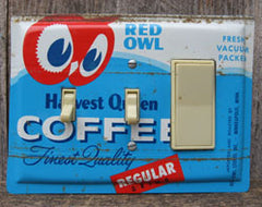 Unique triple combination switch plate custom made from a vintage Red Owl Coffee tin.
