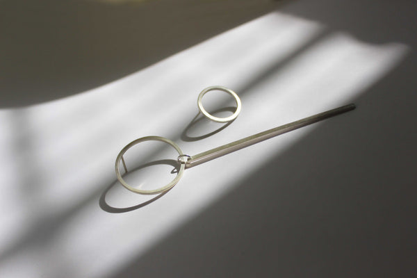 Mismatched Circle + Line Earrings, by BAARA Jewelry. Minimal Asymmetrical Earrings, Long Stud