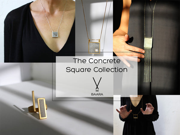 Square Concrete Collection, by BAARA Jewelry. Urban jewelry, concrete necklaces, concrete rings, concrete earrings