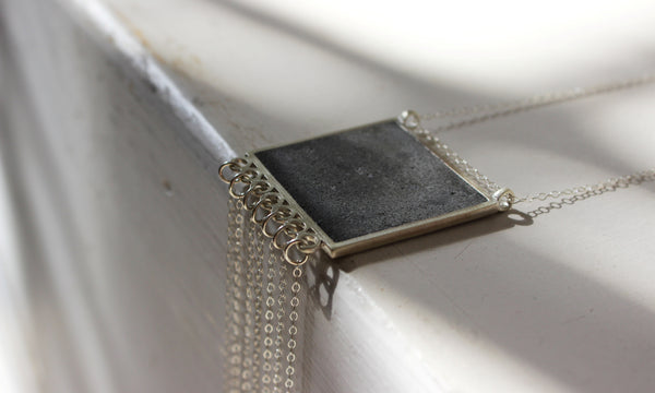 Square Tassels Silver and Concrete Necklace, by BAARA Jewelry. Square Statement Necklace, Concrete Statement Necklace
