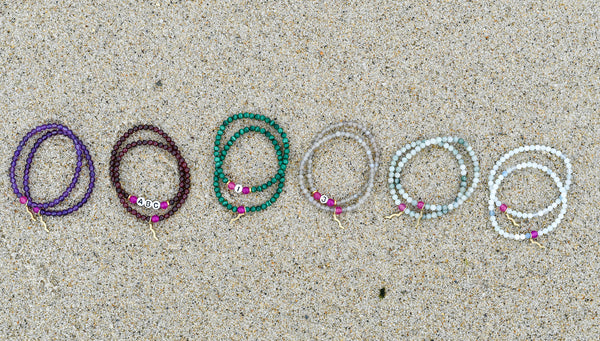 Stackable Rayminder UV Awareness bracelets for sun safety and uv protection in fall colors: aquamarine, malachite, garnet, amethyst, labradorite, aquamarine