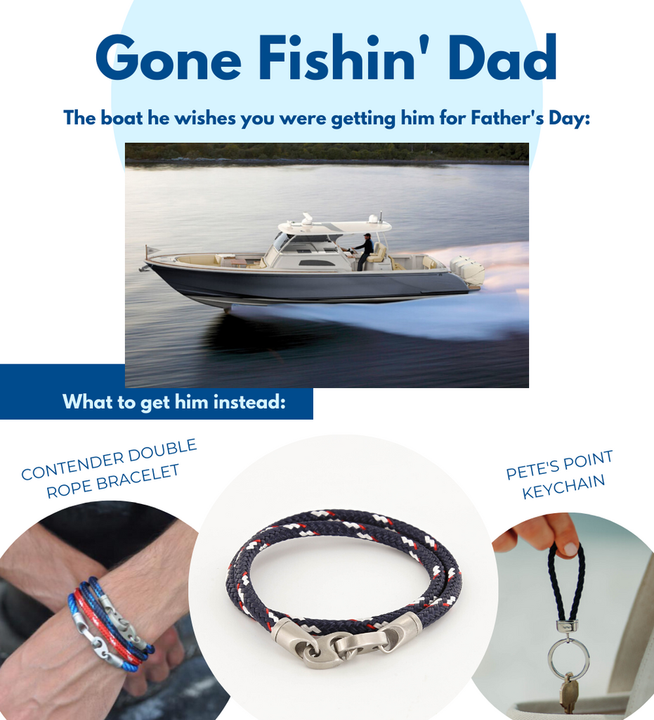 Fathers Day gifts for boaters including contender double rope wrap bracelet in navy, red, and white, and rope stainless steel keychain 