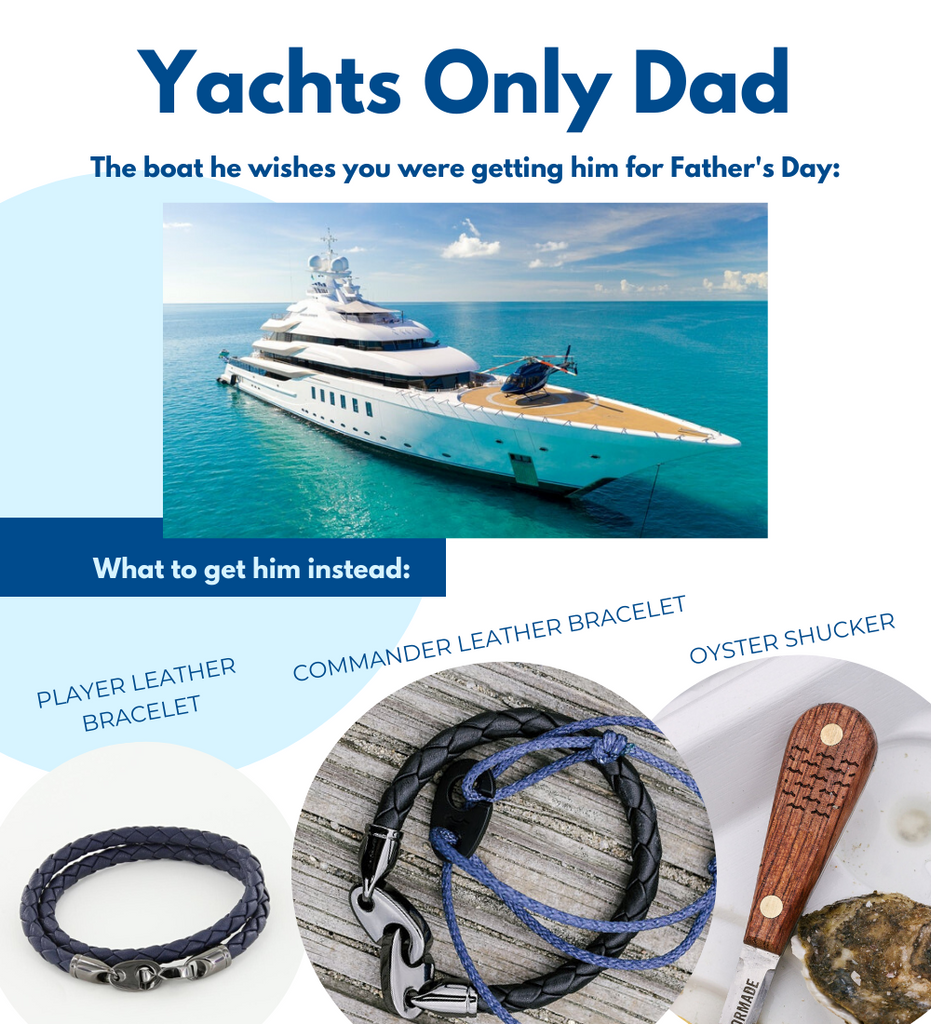 Fathers Day gifts for boaters including oyster shucker, commander leather brummel bracelet, and player double wrap leather bracelet for men.