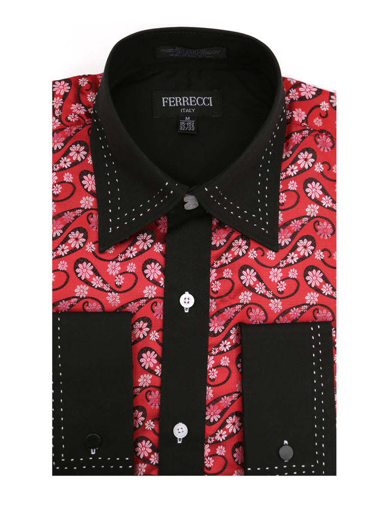 Ferrecci Men's Satine Hi-1015 Red & Black Flower Button Down Dress Shirt - FHYINC best men's suits, tuxedos, formal men's wear wholesale