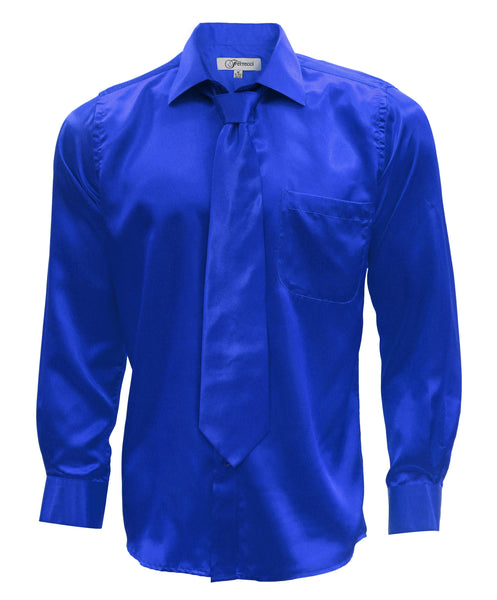FHY INC Ferrecci Satin Royal Blue Mens Dress Shirt Necktie & Hanky Set